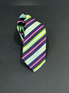 NWOT Mirto Madrid 100% Silk Striped Necktie Navy Blue, Lime Green, Pink Spain